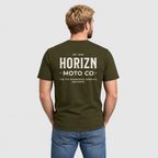 Rear view of a man wearing the Army HORIZN MOTO CO. Basics Tee, showing the large HORIZN MOTO CO. back graphic.