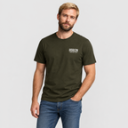 Man wearing the Army HORIZN MOTO CO. Basics Tee, front view showing the small chest logo.