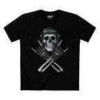 Front of the black Rebel Bones motorcycle T-shirt featuring the helmeted skull and crossed-gloves design.