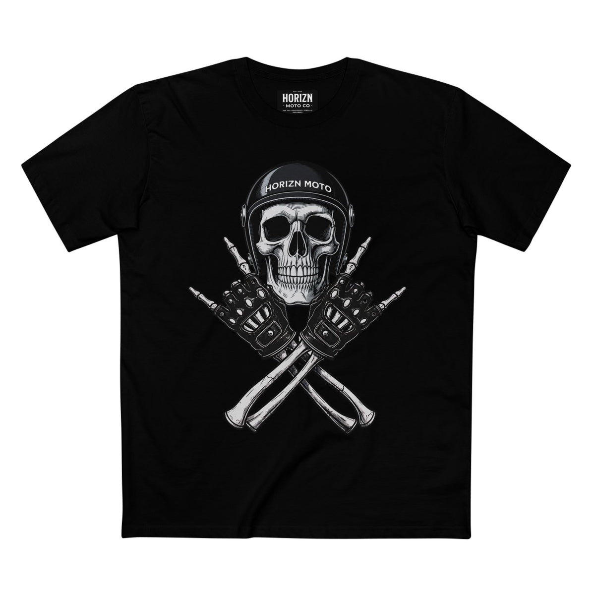 Front of the black Rebel Bones motorcycle T-shirt featuring the helmeted skull and crossed-gloves design.