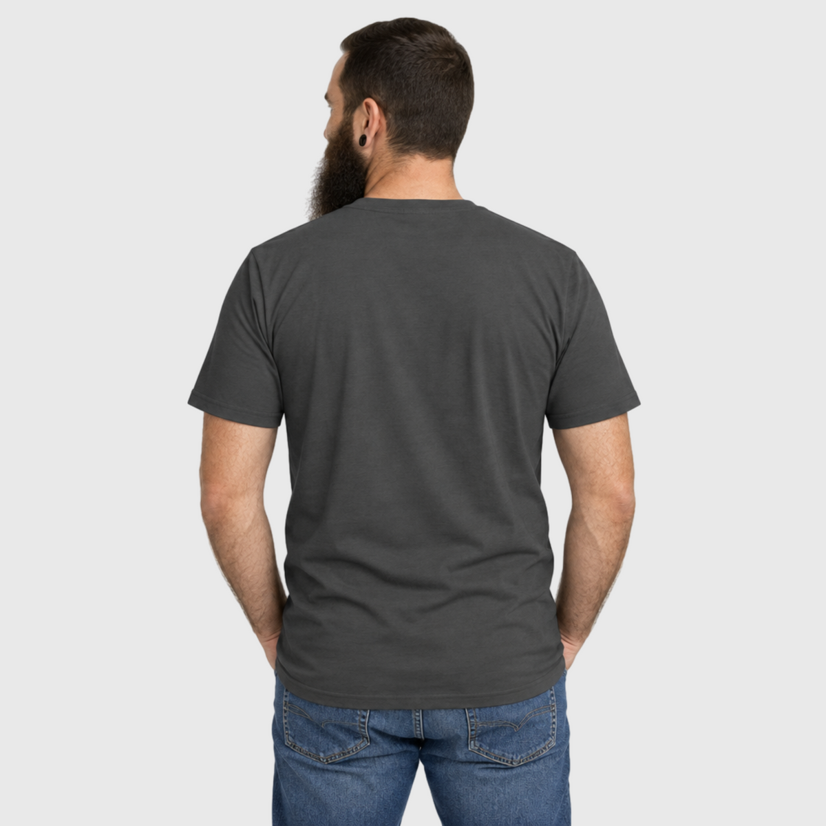 Rear view of a model wearing the charcoal Rebel Bones Moto Tee with a plain back.