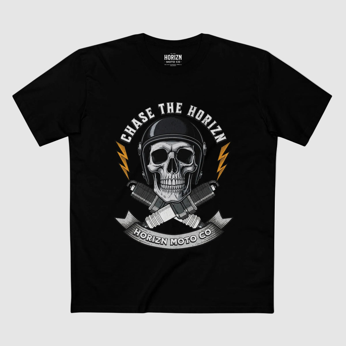 Black Chase the HORIZN Spark Plug Skull Tee, flat front view with helmeted skull, crossed spark plugs and Chase the HORIZN artwork.